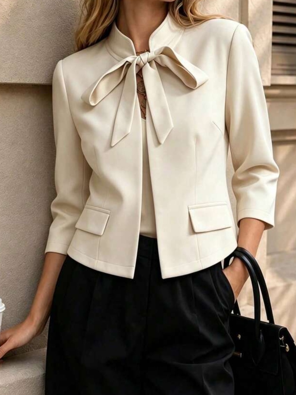 Women's Spring/Autumn Fashion Minimalist Elegant Solid Color Tie-Up Mid-Sl